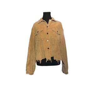 Tan Corduroy Cropped Jacket with Frayed Hem - Size S